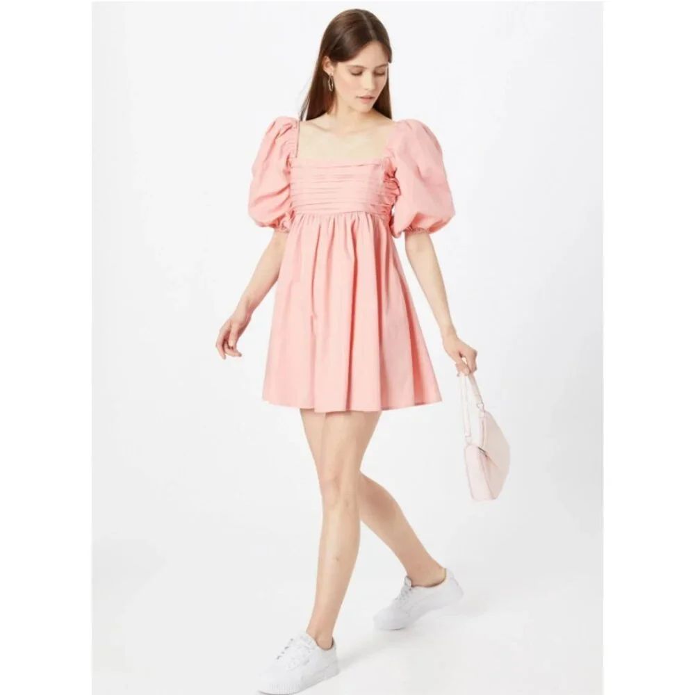 Abercrombie & Fitch Pink Puff Sleeve Babydoll Mini Dress Large Petite Romantic - Picture 5 of 14